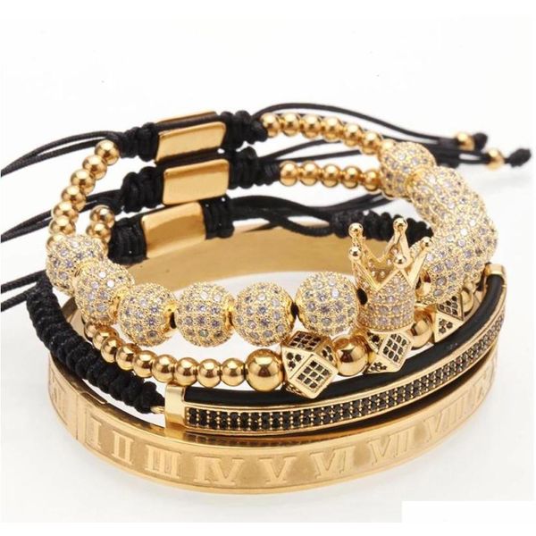 

4pcs/set gold hip hop hand made bead bracelet men copper pave cz zircon crown roman numeral brace sqcjls dh_seller2010, Golden;silver