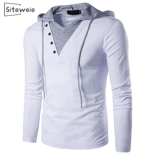 

siteweie 2020 men casual t shirts long sleeve solid v neck slim tees shirt fall mens clothing fashion oversized hooded l434, White;black