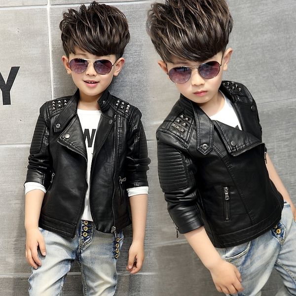 Ins Hot Boys Mantel Kinder PU-Jacke Mode Kind Outwear Einfarbige Motorradjacke Herbst Winter Niet Cool Velvet 201126