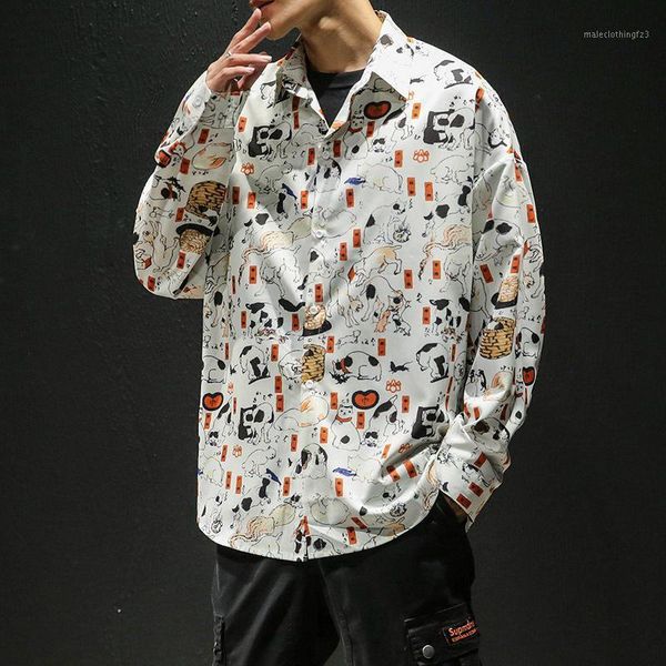 

men's casual shirts style mens shirt long sleeve male blouse spring autumn loose printed men clothes camisa masculina1, White;black