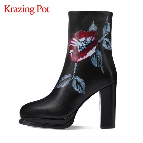 

krazing pot new cow leather round toe super high heel winter shoes platform printing mature lady daily wear mid-calf boots l27, Black