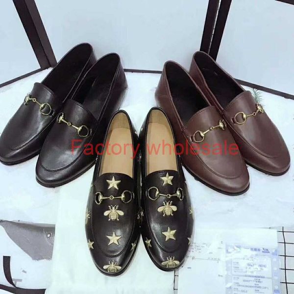 

designer women leather flats mules embroidered bee leather horsebit loafer girl flat with buckle size 35-41 with box many colors in stock, Black