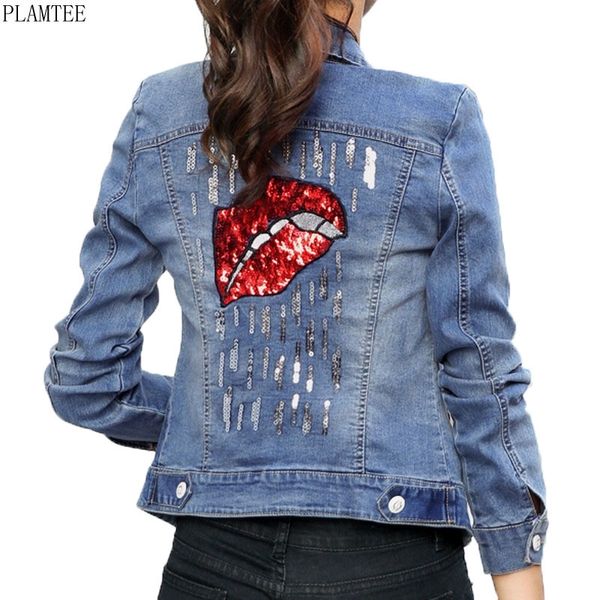 

plamtee back sequined design bomber jean jacket women 2018 spring long sleeve short jacket coat female slim chaqueta mujer s~2xl y200101, Black;brown