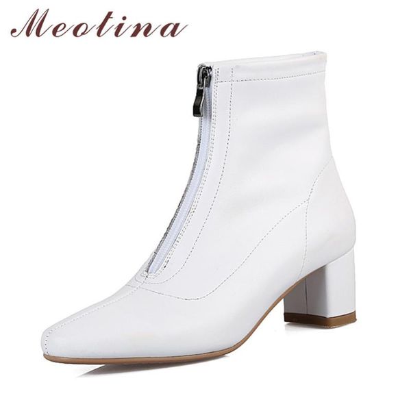

boots meotina women ankle shoes genuine leather high heel short zipper chunky heels ladies autumn black white 2021