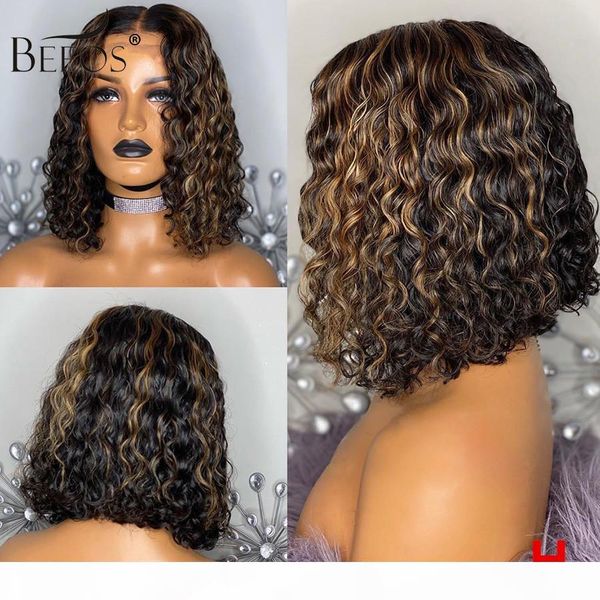 

beeos 180% 13*6 deep part lace front human hair wig highlight colored curly bob pre plucked bleached knots brazilian remy hair, Black