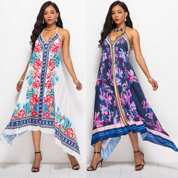 

style 2019 summer suspender backless printed national women's dress, Black;gray