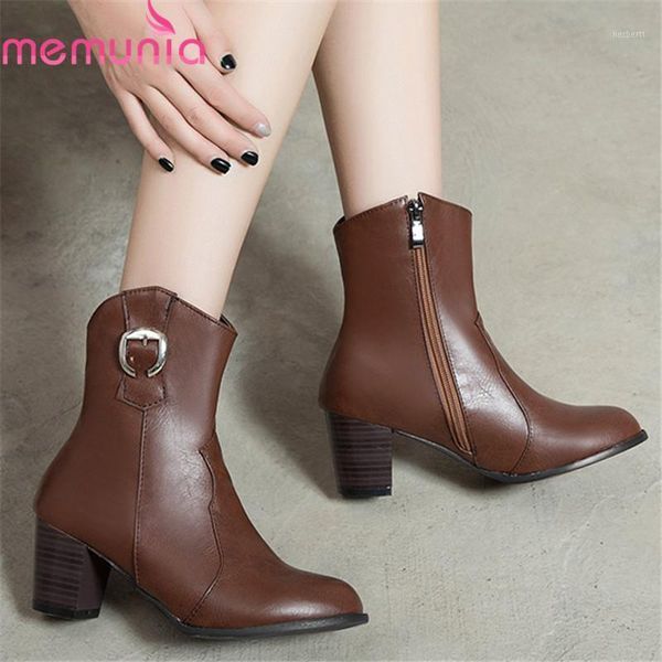 

boots memunia 2021 women ankle zipper round toe high heels buckle autumn winter short ladies dress shoes1, Black