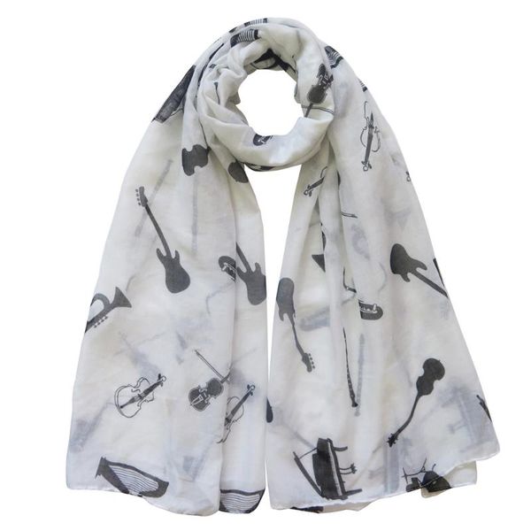 

musical instruments guitar piano violin drums saxophone harp cello flute trumpet print womens scarf shawl wrap, Blue;gray