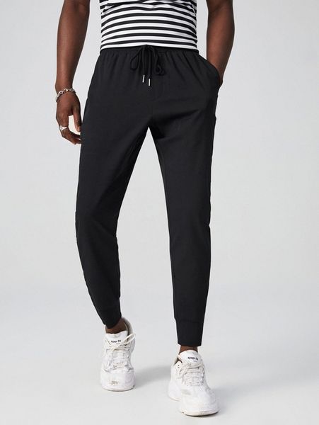 

men slant pocket drawstring sweatpants 77n2#, Black