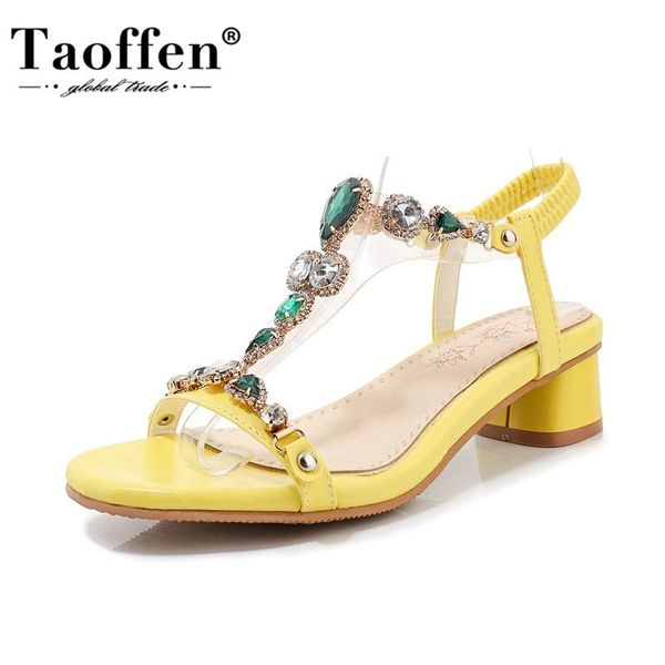 

dress shoes taoffen plus size 32-46 women sandals candy color ankel strap open toe crystal square heel female footwear, Black