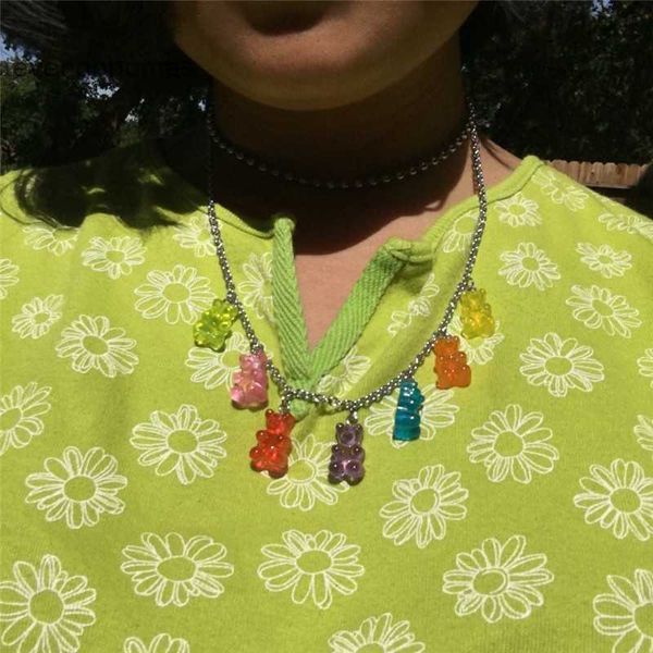 

jewelry resin transparent candy color cartoon bear necklace personality fashion sweater chain, Silver