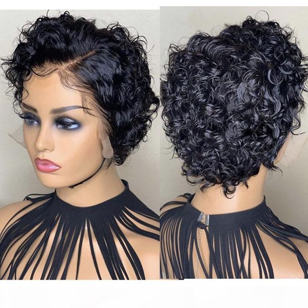 

8inchshort loose curly human hair wig glueless lace front wigs for women glueless brazilian remy hair curly wigs with baby, Black;brown