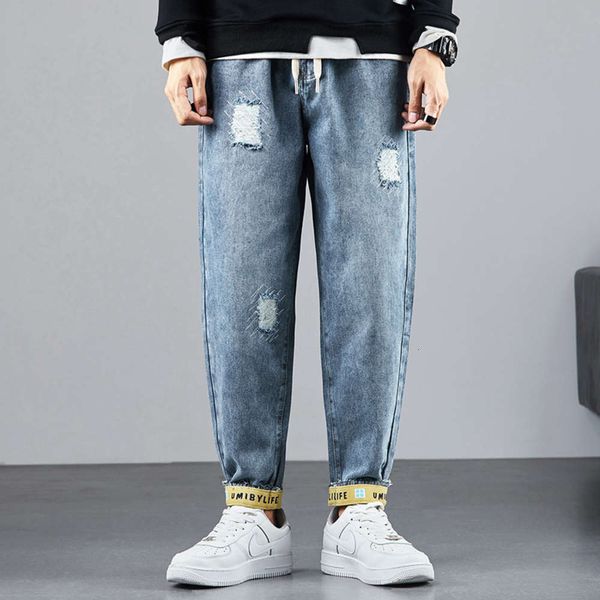 

2020 new harlem jeans hole loose leg quarter pants men's korean fashion autumn leisure, Blue