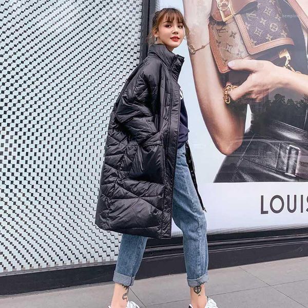 

2020 winter new style down jacket medium and long style pure color simple women coat fashion large pocket thickened lady clothes1, Black