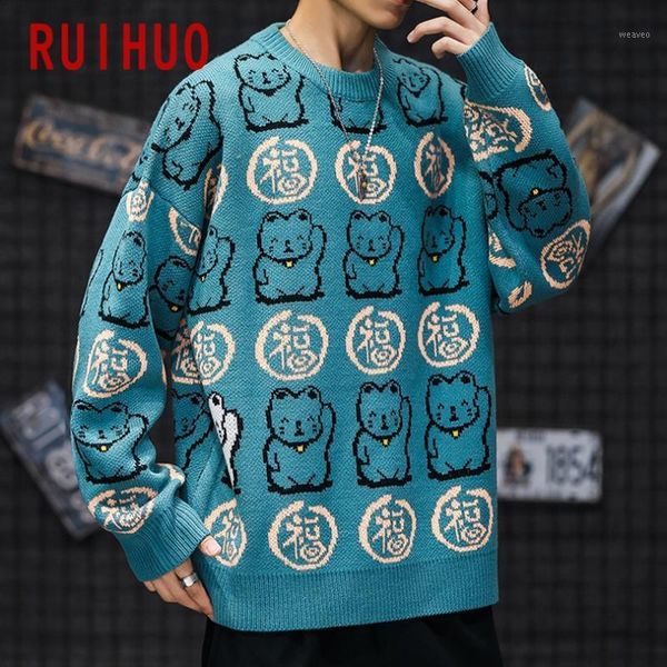 

ruihuo 2020 autumn winter japan style plutus cat vintage sweaters men clothing knitted sweaters for men coat men's pullover 2xl1, White;black