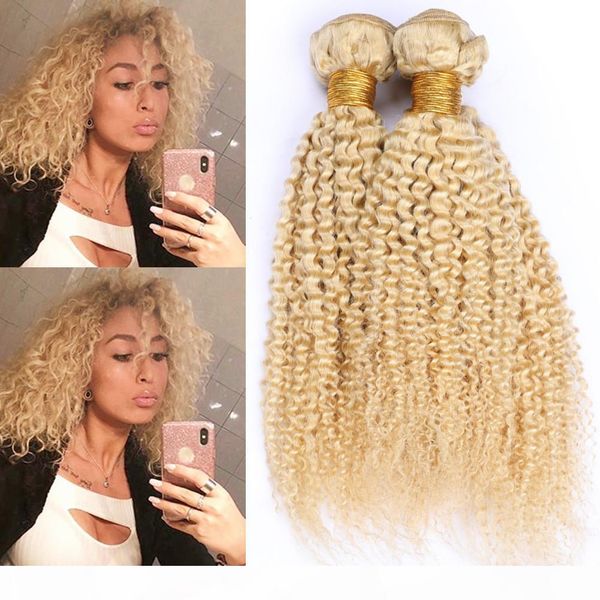 

russian blonde kinky curly human hair weave bundles 4pcs #613 bleach blonde kinky curly virgin human hair extensions double wefts 10-30&quot, Black