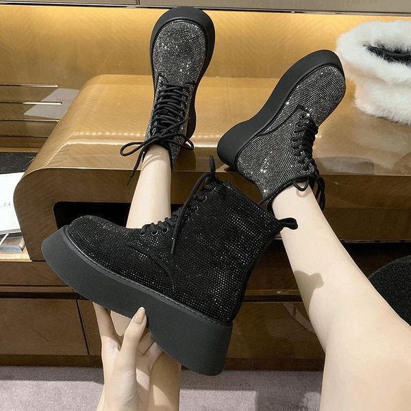 

european 2021 big-head thick-bottom sponge cake slope heel rhinestone full-drilled belt motorcycle short women's shoes, Black