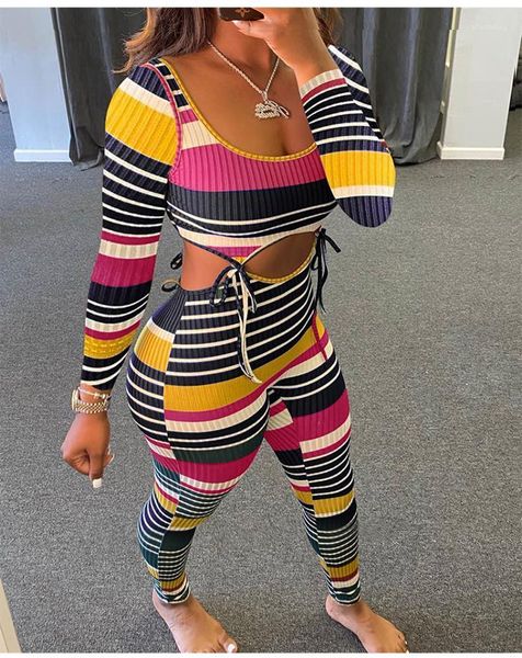 

vavcy 2020 autumn jumpsuit women set striped sweatshirt drawstring + pant club outfits1, Gray