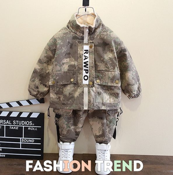 

boys winter fleece warm clothing set children jacket+pants girls tracksuits kids baby camo camouflage army training clothes, White