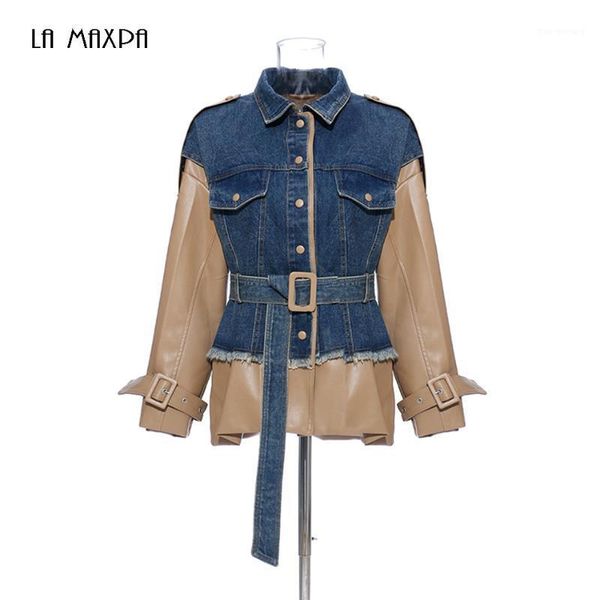 

2020 fashion clothing patchwork hit color denim coats female lapel collar long sleeve high waist jackets for women1, Black;brown
