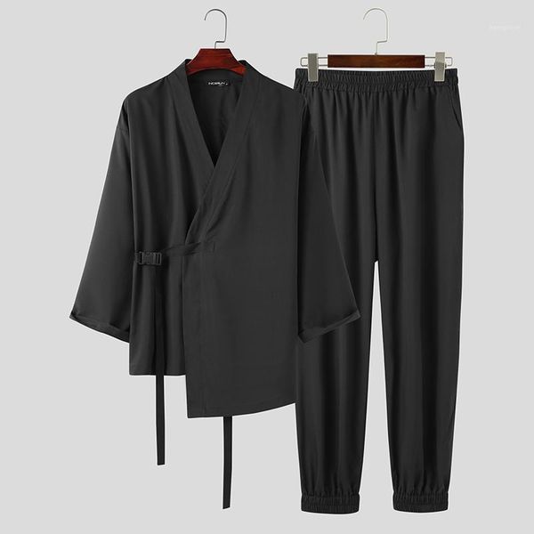 

men sets solid color long sleeve v neck kimono elastic waist pants suits man vintage lace up suit streetwear s-5xl incerun1, Gray