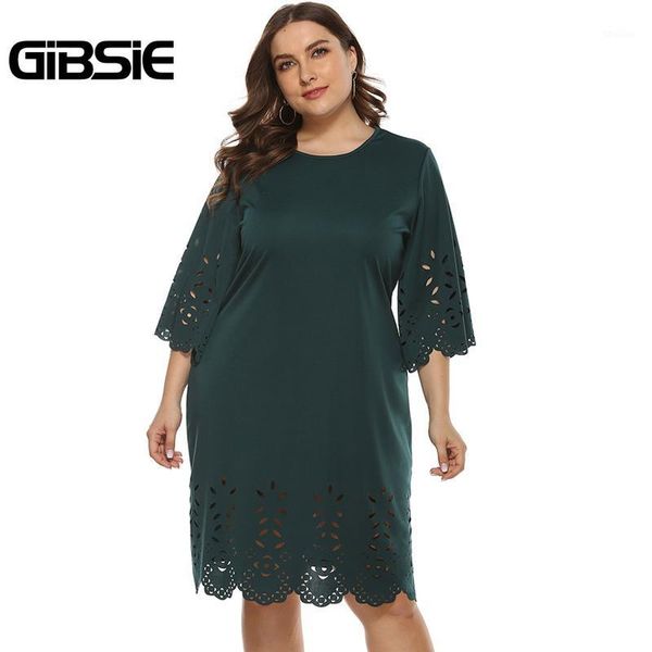 

casual dresses gibsie solid hollow out a-line dress women summer plus size office ladies 2021 o-neck 3/4 sleeve midi dress1, Black;gray
