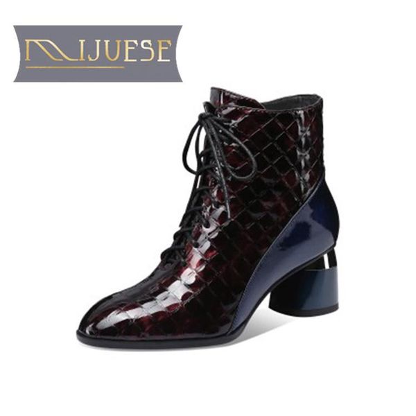 

boots mljuese 2021 women ankle cow leather winter short plush round toe lace-up high heels female size 40, Black
