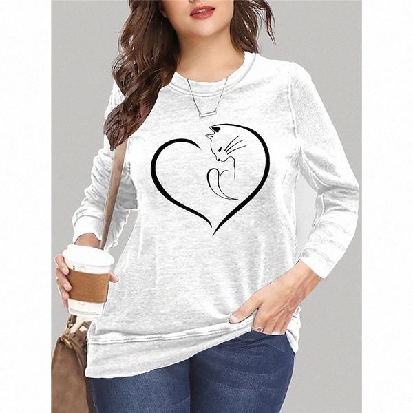 

women's plus size pullover sweatshirt cat graphic print long sleeve crewneck basic hoodie daily microfiber fall blue white / heart p8y, Black