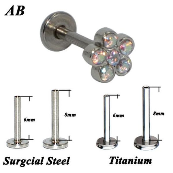 

1pc g23 titanium&steel cz gem sun flower labret lip bar ring crystal ear cartilage tragus helix piercing screw fit 16g q bbyage, Silver
