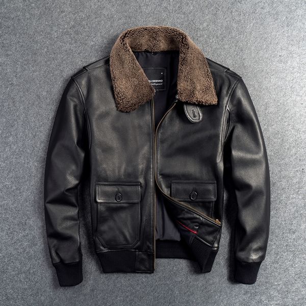 

gu.seemio genuine leather jacket for men male cowhide coat real animal 100% skin outer wear flight suit with fur collar 201119, Black
