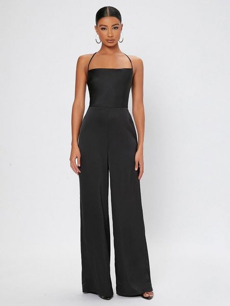 

tall lace up backless velvet wide leg jumpsuit b726#, White