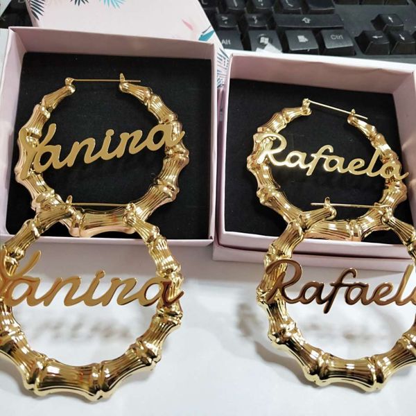 

name 7cm hiphop bamboo customizable style custom hoop earrings with statement words, Silver