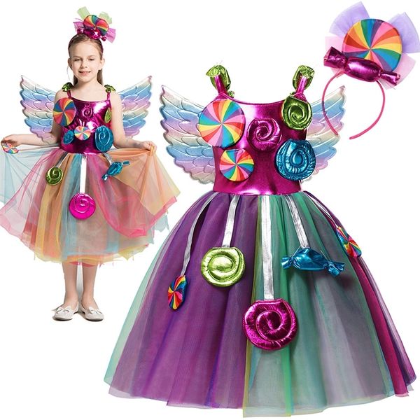 Sweet Candy Girl Clothes Summer Kids Carnival Frock Little Birthday Fancy Rainbow Tutu Dress with Hairband Child Party Gown 220310