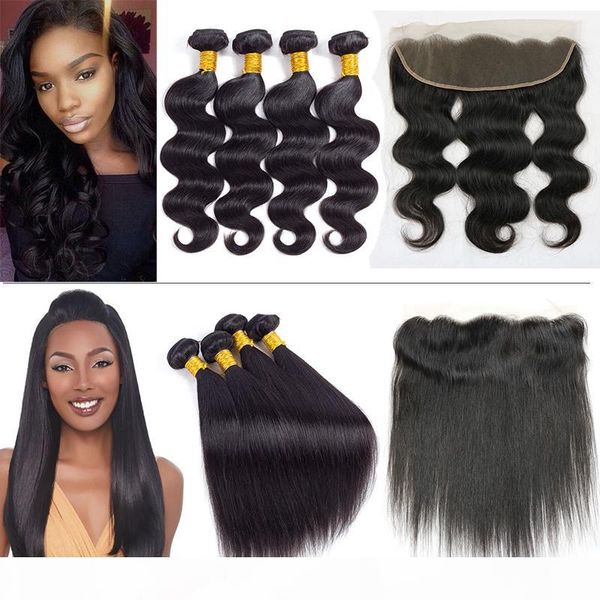 

virgin body wave and straight indian human hair wefts with lace frontal unprocessed 8a brazilian straight wet and wary hair weaves closure, Black