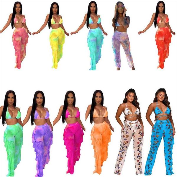 

2021 women new summer tie dye print halter v neck ruffles splicing pants suit two piece set beach tracksuit outfit gly5117, Gray