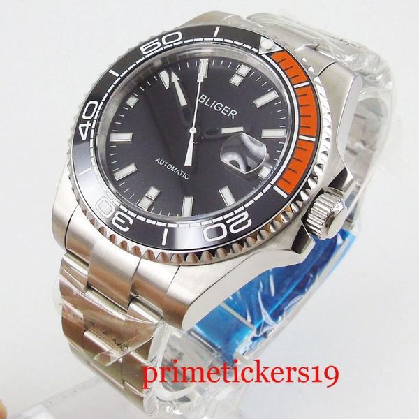 

wristwatches black red bezel 43mm dial date stainless steel strap automatic movement mens watch1, Slivery;brown