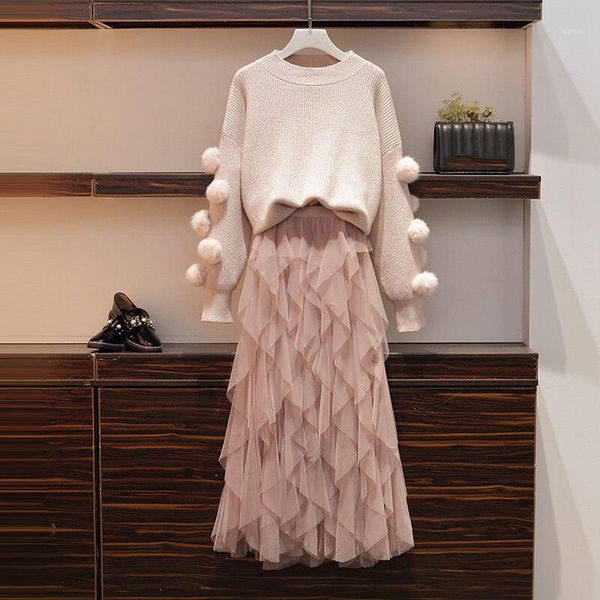 

plus size winter clothes ball christmas sweater layers ruffles long skirt set women two piece tulle skirts set1, White