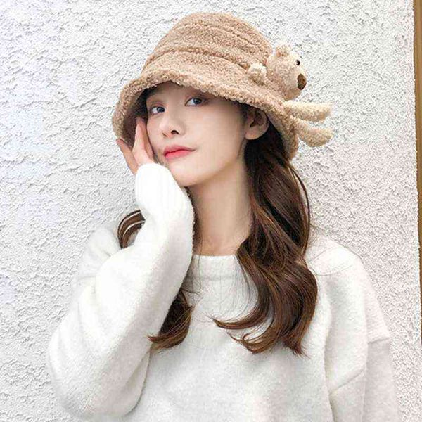 

women bucket hat winter fluffy plush warm bucket hat cute 3d stuffed teddy bear wide brim harajuku outdoor panama fisherman cap w220222, Blue;gray