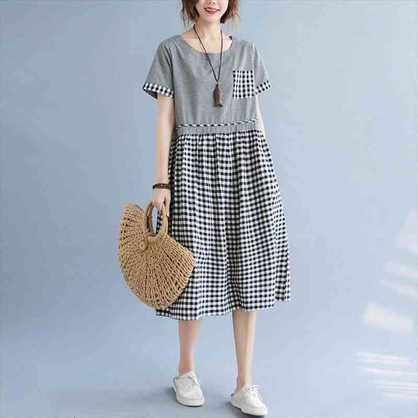 

women summer cotton casual long dress arrival vintage style o-neck plaid loose ladies elegant a-line dresses b628, Black;gray