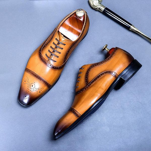 

business formal wear pointed toe shoes men's leather oxfords male cowhide lining british carved mens handmade bullock shoes, Black