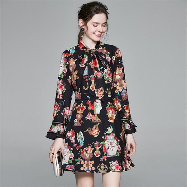 

women ruffle bow tie mini dress ladies flare sleeve flower vase print runway angel dress vintage long sleeve casual party, Black;gray