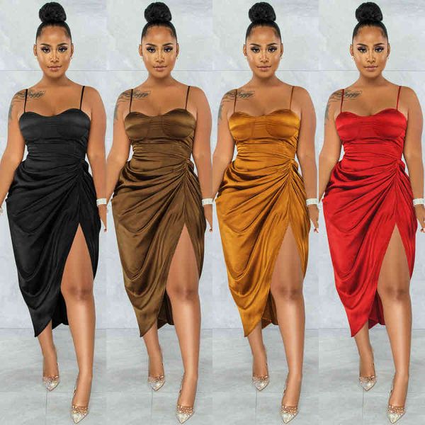 

casual dresses x5393 fashion solid women's suspender wrap cht wrinkle split dresses, Black;gray