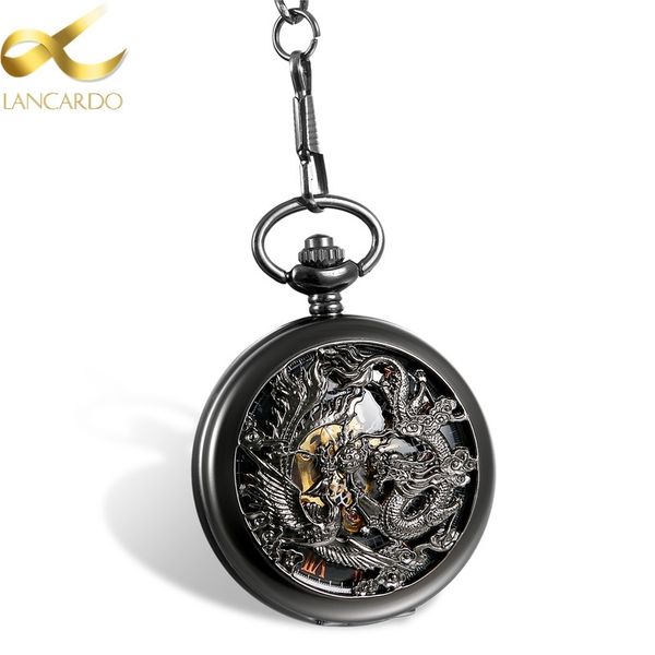 

lancardo steampunk mechanical pocket watches men black dragon/phoenix hollow retro necklace pocket watch with chain for men t200502, Slivery;golden
