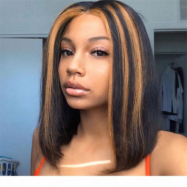 

highlights color full lace human hair wigs short bob wig brazilian remy hair 13x6 deep part lace front wig 12 inch 150% density, Black;brown
