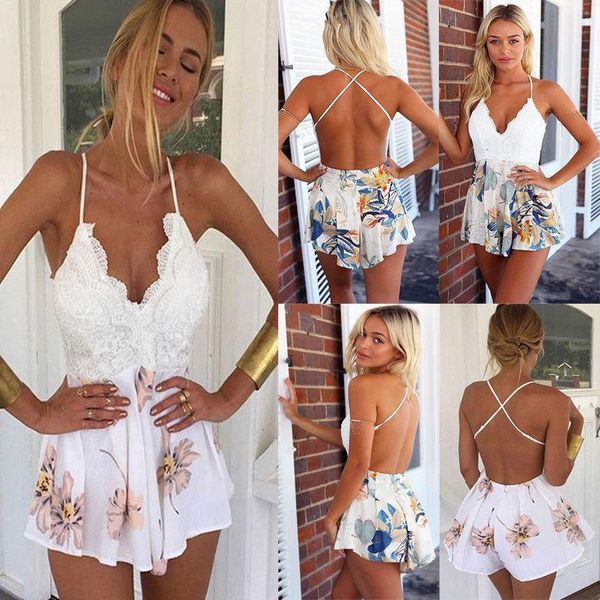 

girl v neck female playsuit bodycon floral playsuit shorts jumpsuit romper bodysuit 2018 backless sleeveless streetwear, Black;white