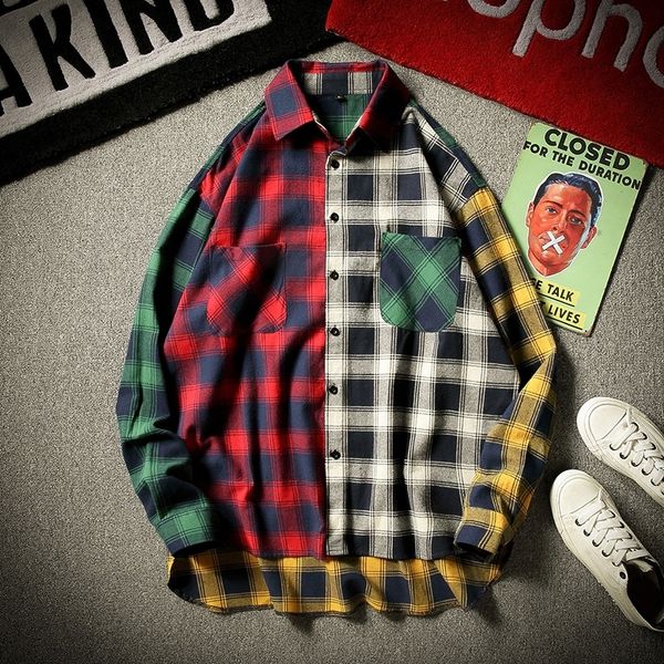 

flannel plaid shirt spring autumn casual long sleeve soft comfort japanese harajuku vintage plaid patchwork shirts men women aut t200410, White;black
