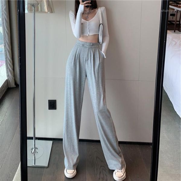 

fashion women 100% cotton straight pants wild solid color high waist suit pants purple loose comfy thin button trousers1, Black;white