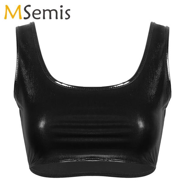 

women shiny metallic dance tank bodice u neckline sleeveless racer back sports bra for gym workout activewear costume, Black;red