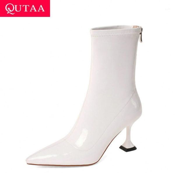 

qutaa 2021 patent leather pu ankle boots thin heel fashion women shoes pointed toe zipper autumn winter short boots size 34-391, Black