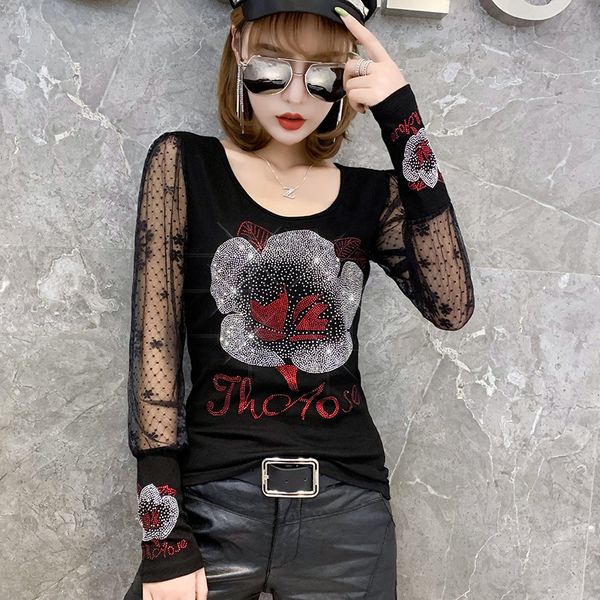 

lace diamonds flower t-shirt women new autumn winter european clothes back long sleeve camiseta mujer tees t9n104 201125, White